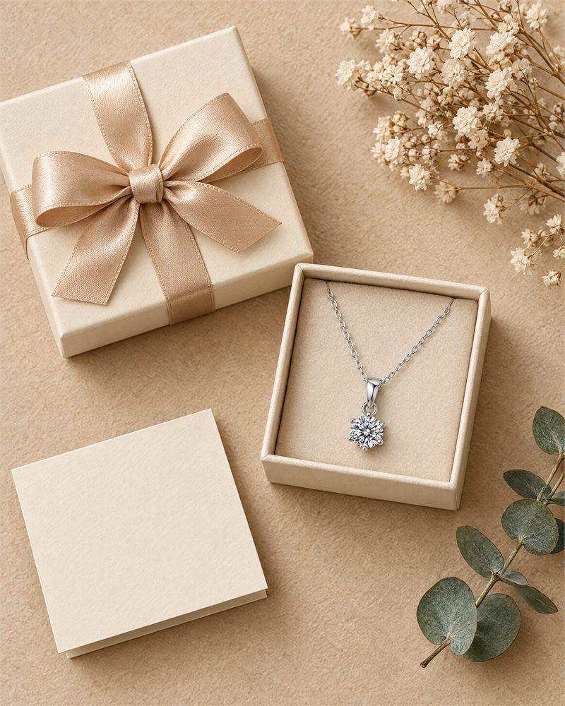 The pendant in an ivory box beside a ribboned gift and dried flowers