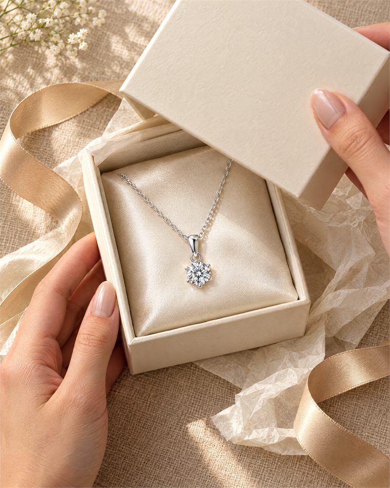 Hands opening a jewelry box to reveal the pendant