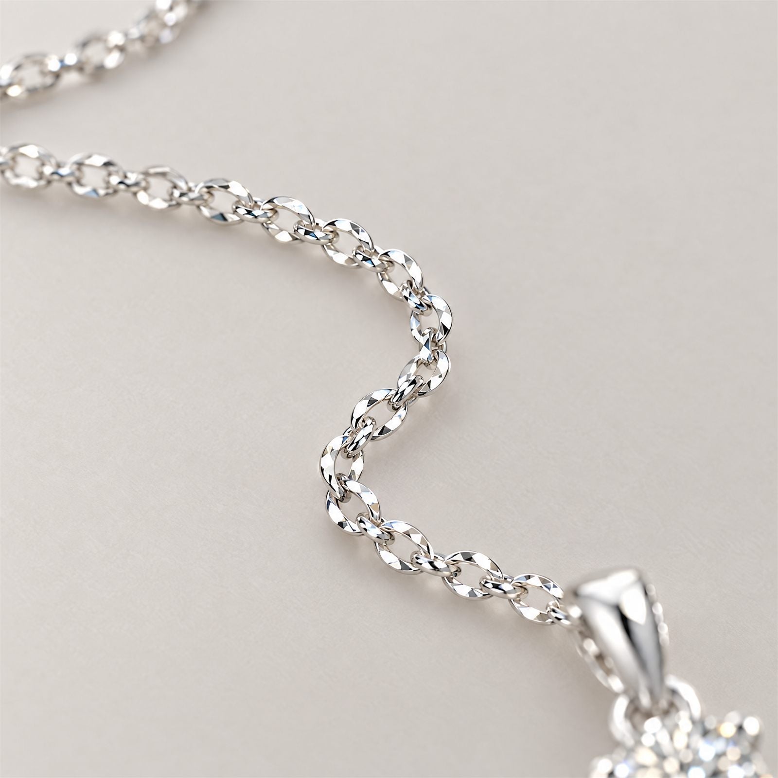 Detail of the faceted cable chain meeting the bail