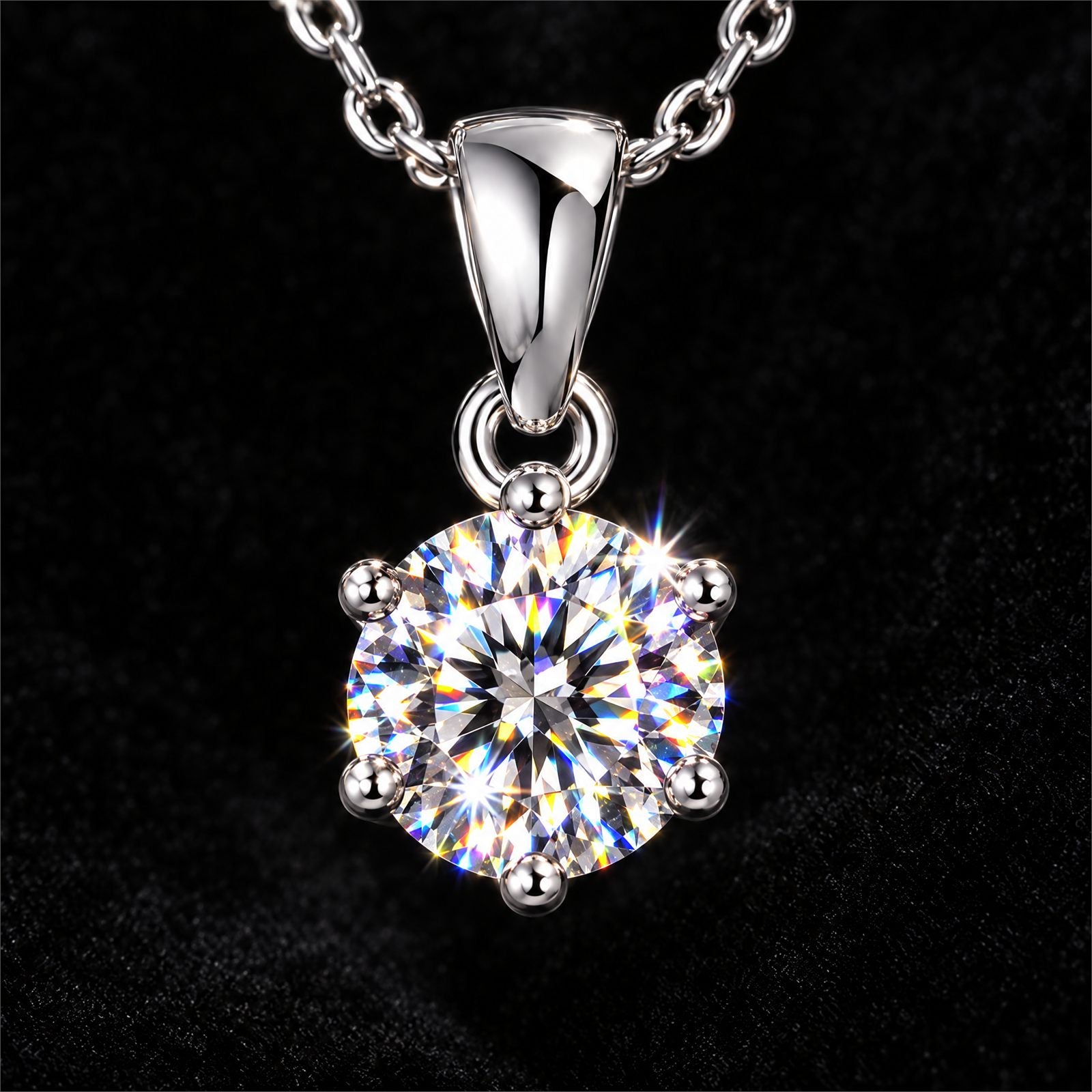 Macro close-up of the moissanite throwing rainbow fire against black velvet