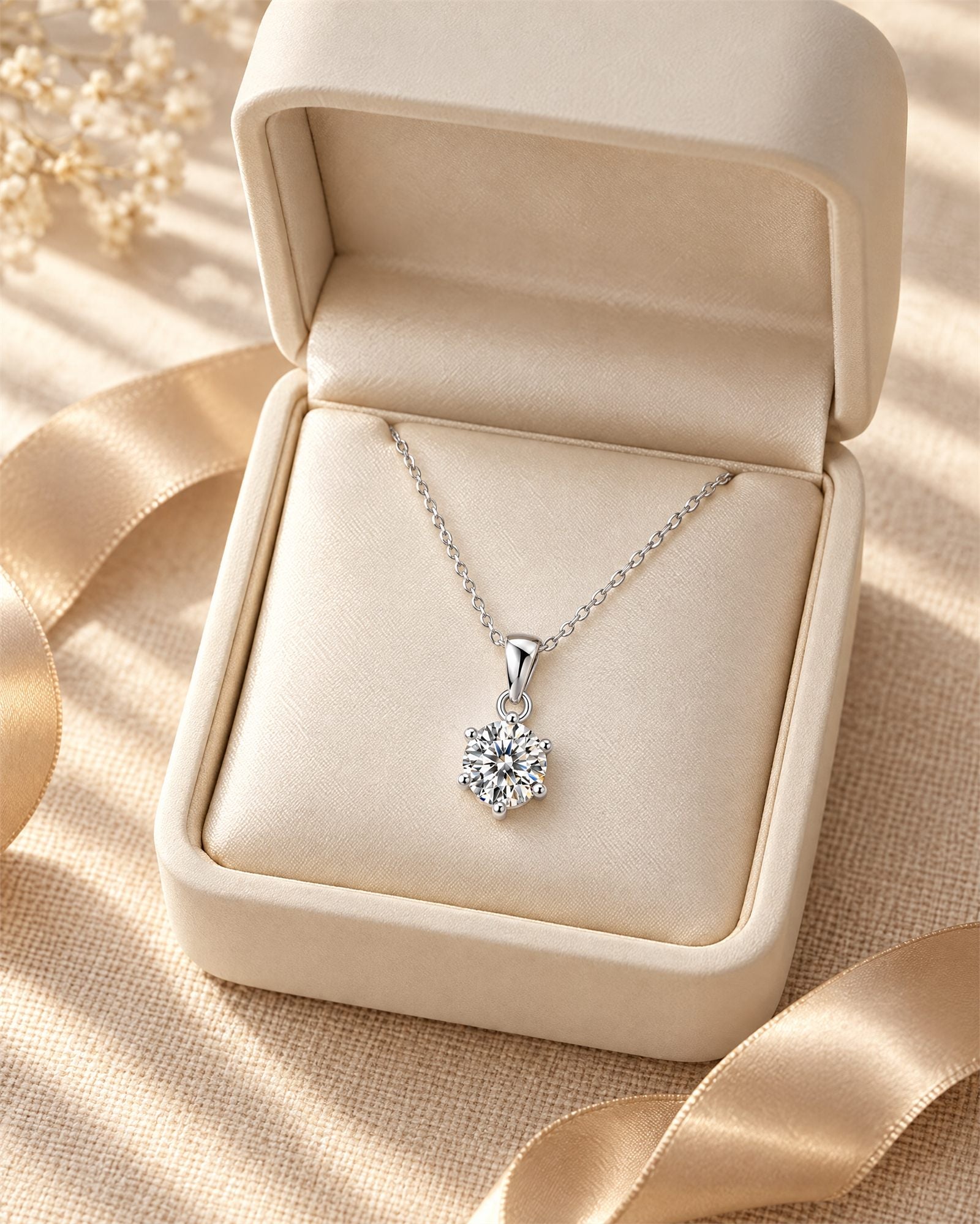 The pendant presented in an ivory jewelry box beside champagne ribbon