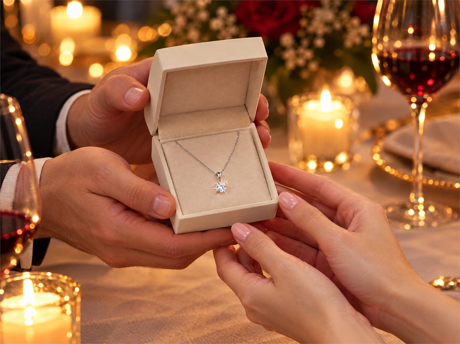 The pendant offered in an open box across a candlelit dinner table